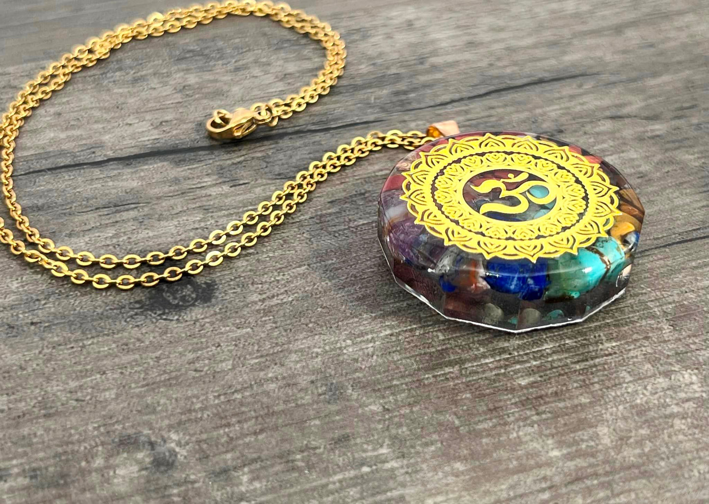 Om Necklace, Gold Om Resin Pendant Necklace