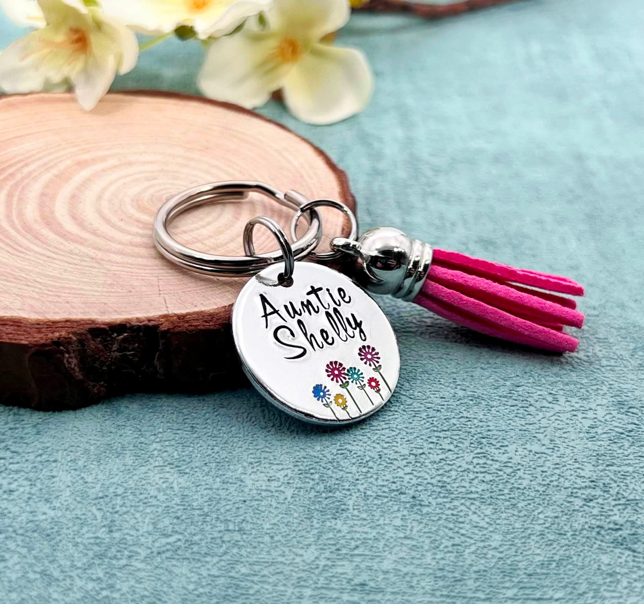 Personalised Auntie Keyring, Name Keyring with Tassel
