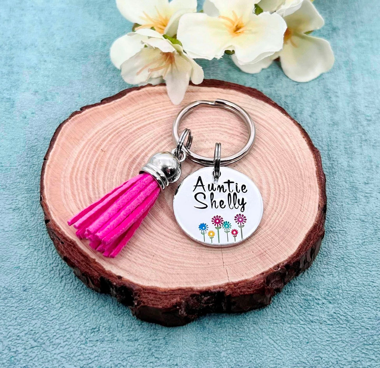 Personalised Auntie Keyring, Name Keyring with Tassel