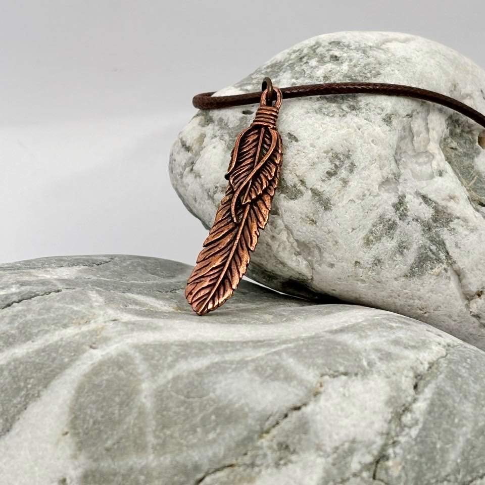 Feather antique copper pendant necklace