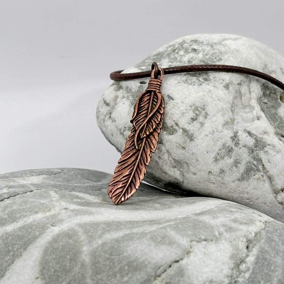 Feather antique copper pendant necklace