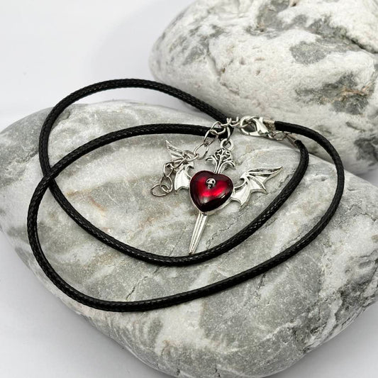 Gothic red heart and wing pendant necklace