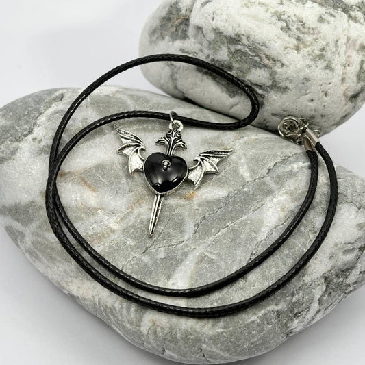 Gothic black heart and wing pendant necklace