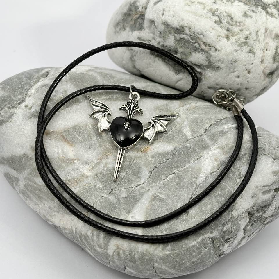 Gothic black heart and wing pendant necklace
