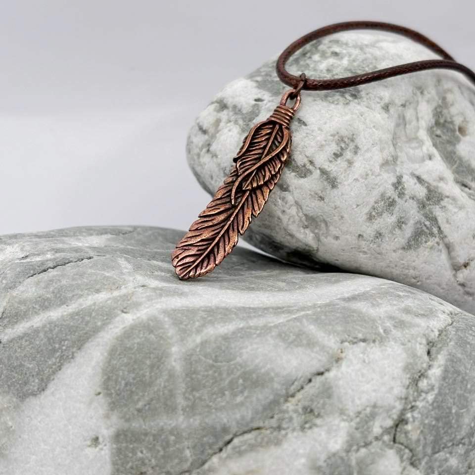 Feather antique copper pendant necklace
