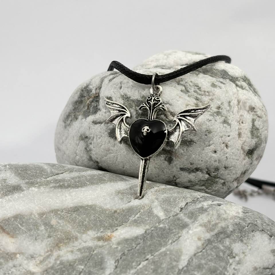 Gothic black heart and wing pendant necklace