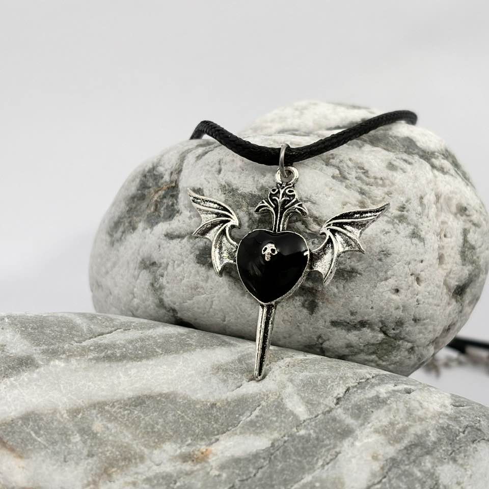 Gothic black heart and wing pendant necklace