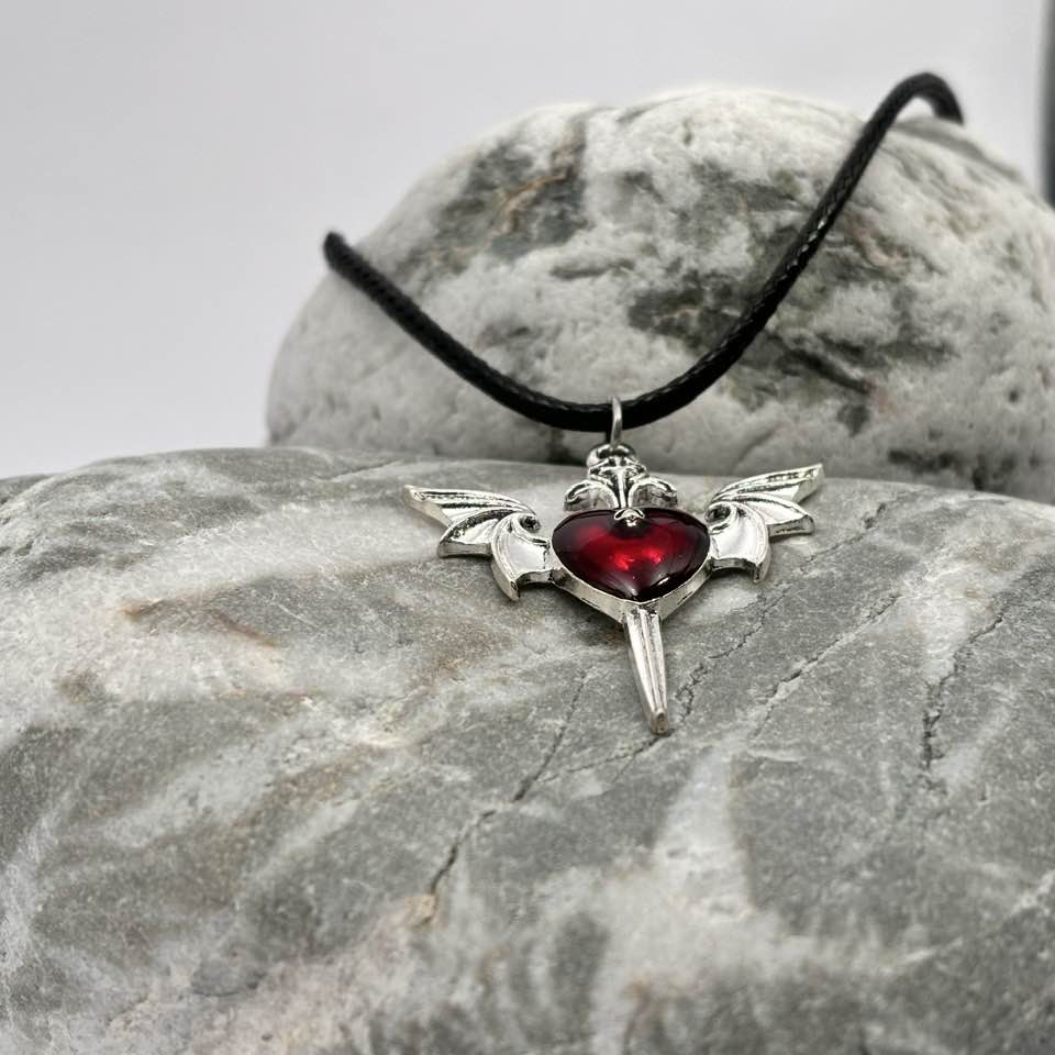 Gothic red heart and wing pendant necklace