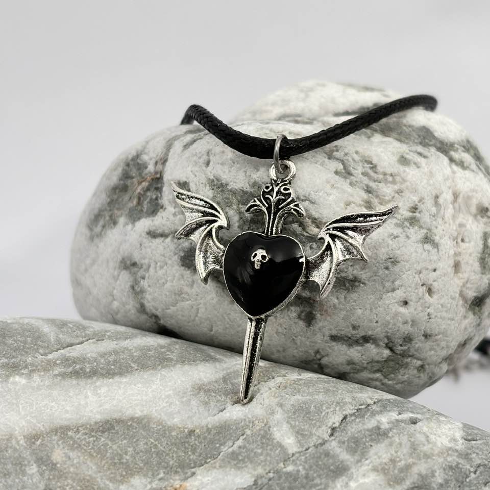Gothic black heart and wing pendant necklace