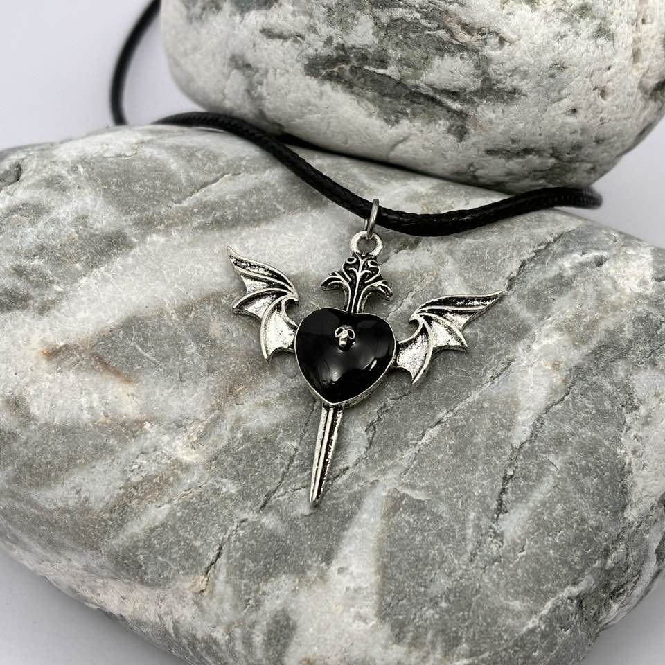Gothic black heart and wing pendant necklace