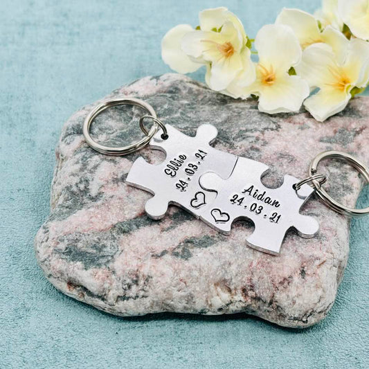 Special Date and Name Puzzle Couple's Keyring Set