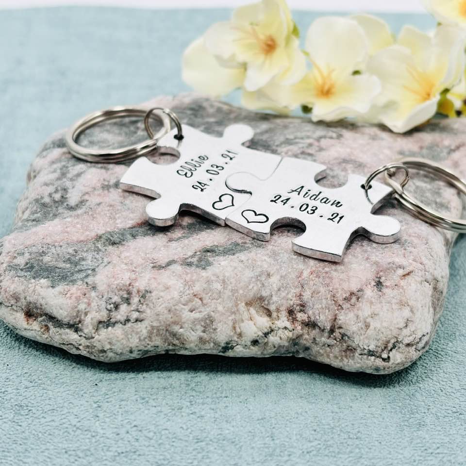Special Date and Name Puzzle Couple's Keyring Set