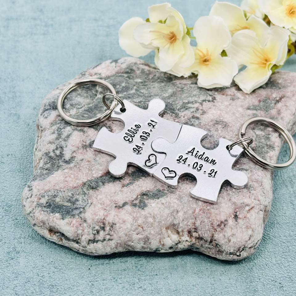 Special Date and Name Puzzle Couple's Keyring Set