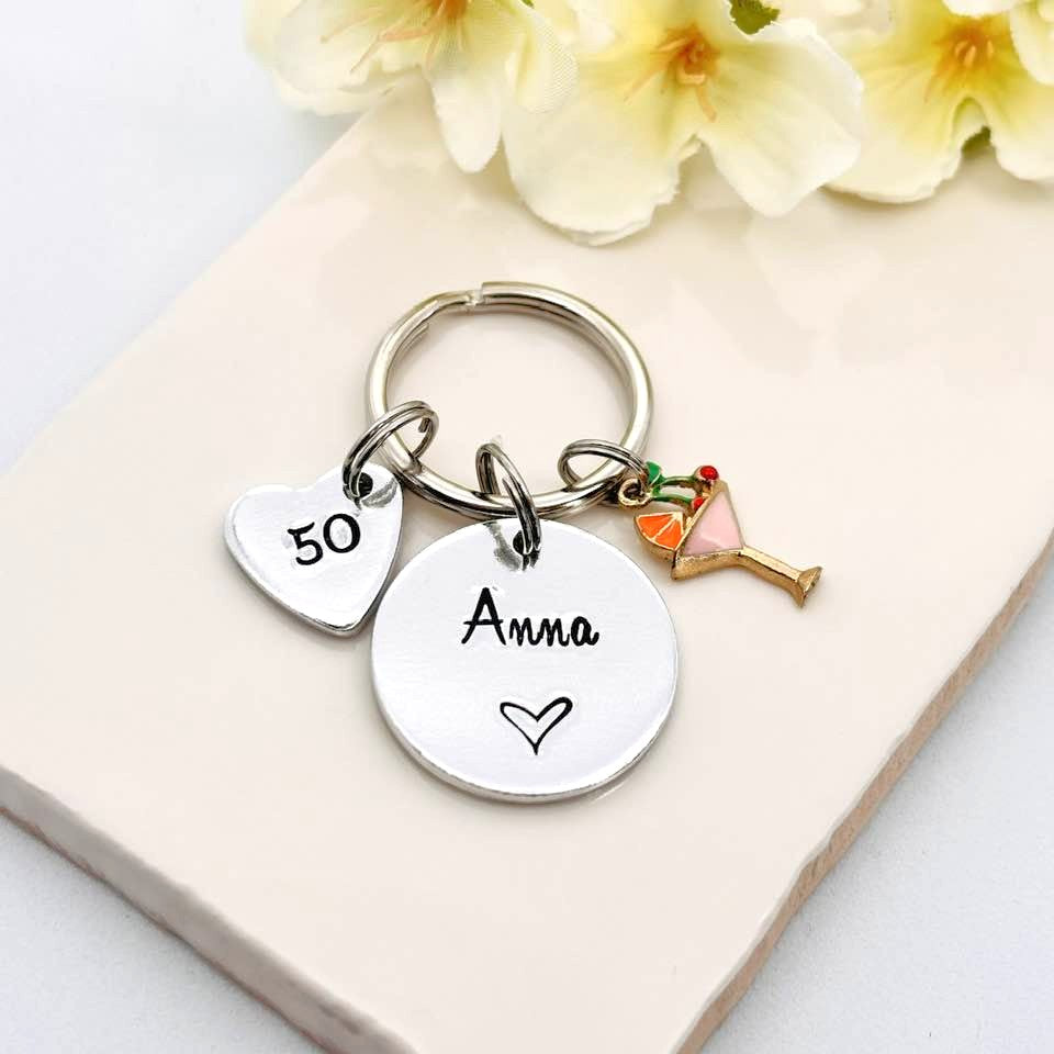 Womens 50th Birthday Gift, 50th Personalised Birthday Keyring for Her, Name Keyring