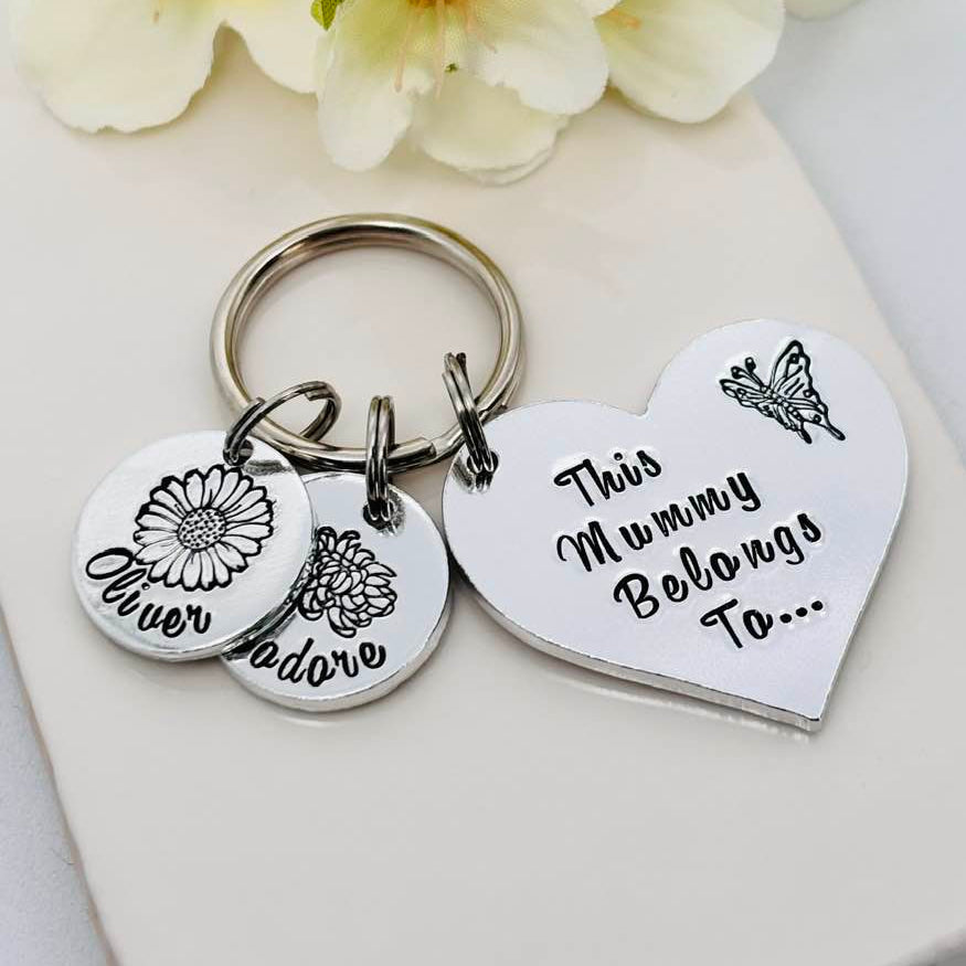 Personalised This Mummy Belongs To Keyring with Birth Month Flowers