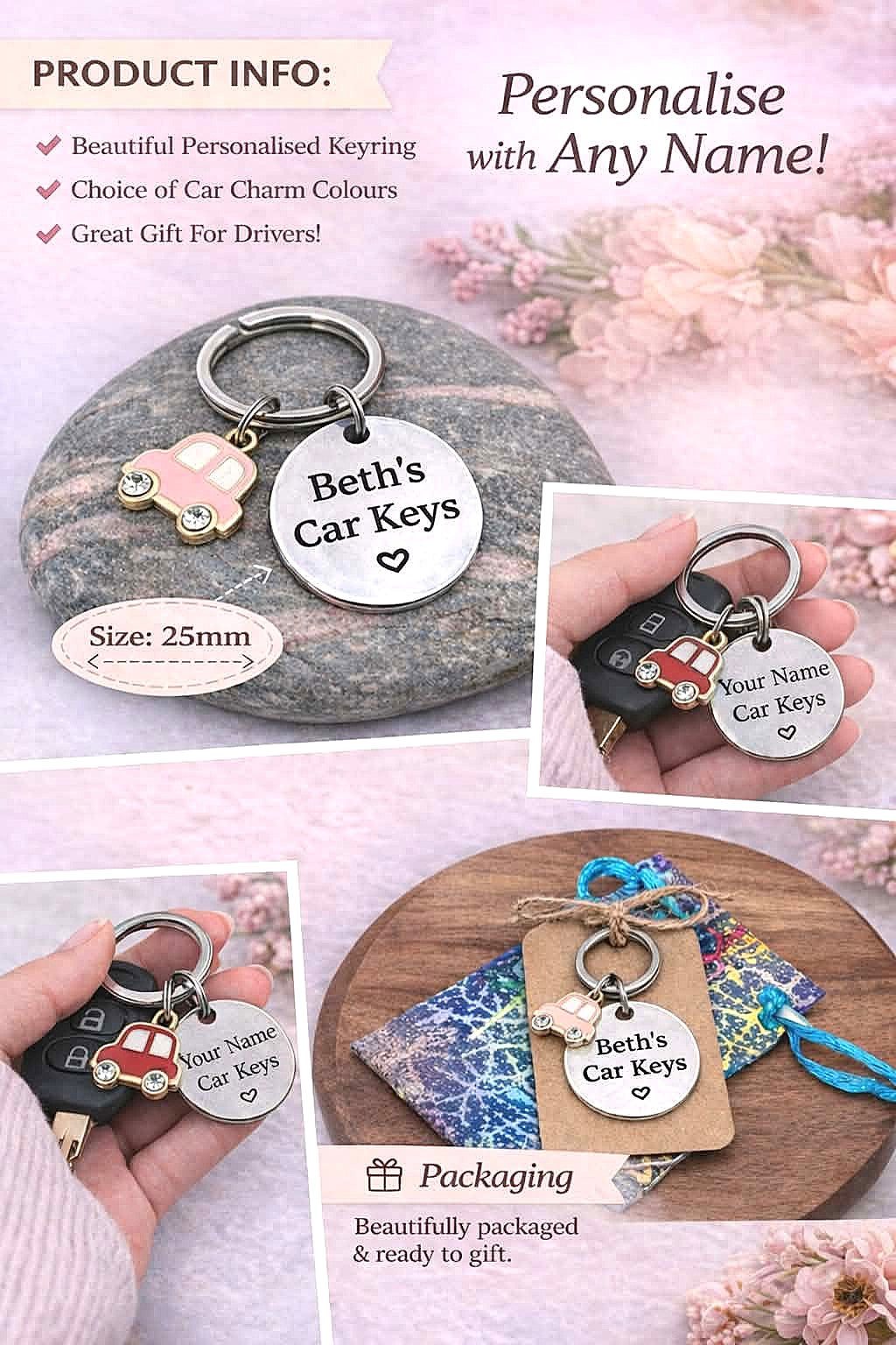 New Driver Keyring, First Car Gift, New Car Personalised Name Keyring