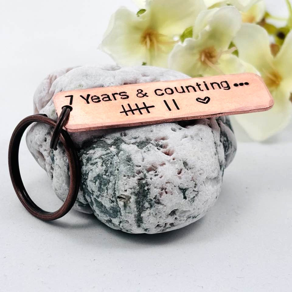 7th Wedding Anniversary Copper Keyring, Personalised 7 Year Copper Anniversary Gift for Husband or Wife