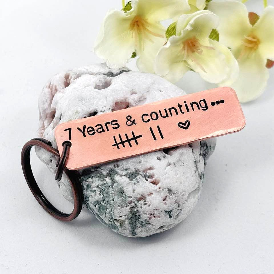 7th Wedding Anniversary Copper Keyring, Personalised 7 Year Copper Anniversary Gift for Husband or Wife