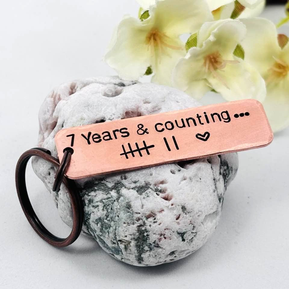 7th Wedding Anniversary Copper Keyring, Personalised 7 Year Copper Anniversary Gift for Husband or Wife