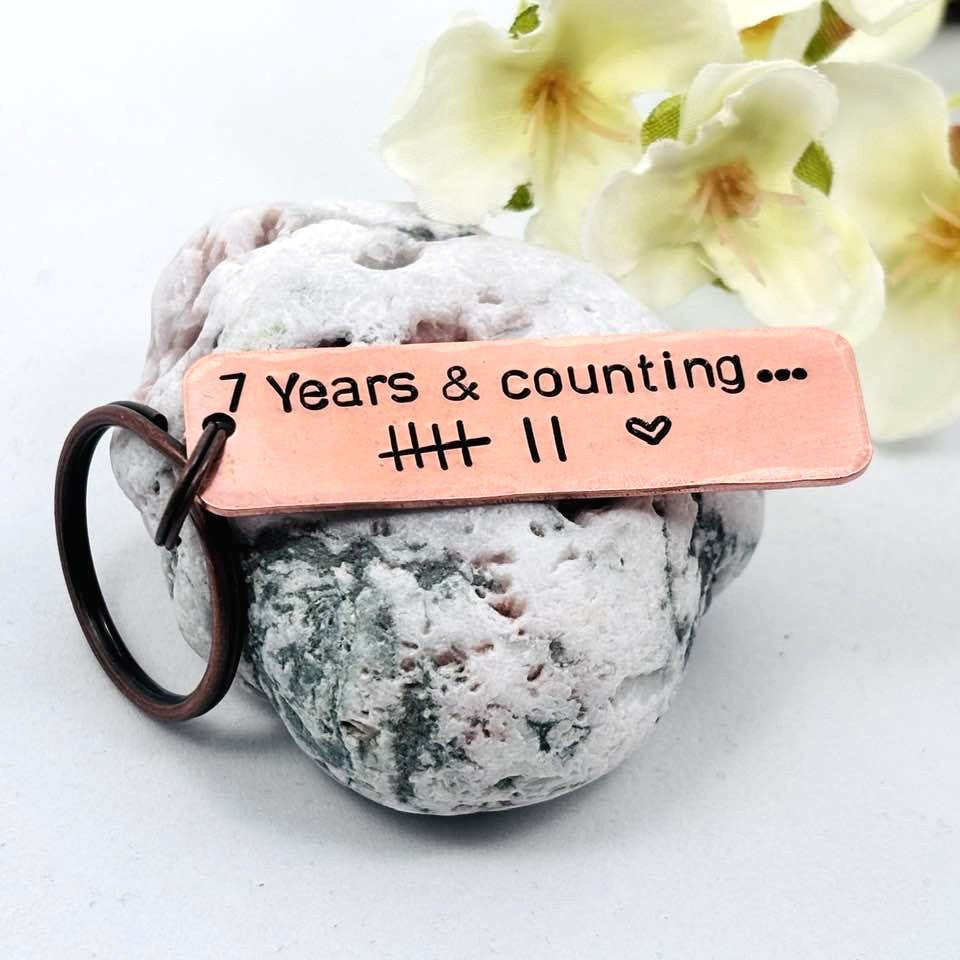 7th Wedding Anniversary Copper Keyring, Personalised 7 Year Copper Anniversary Gift for Husband or Wife