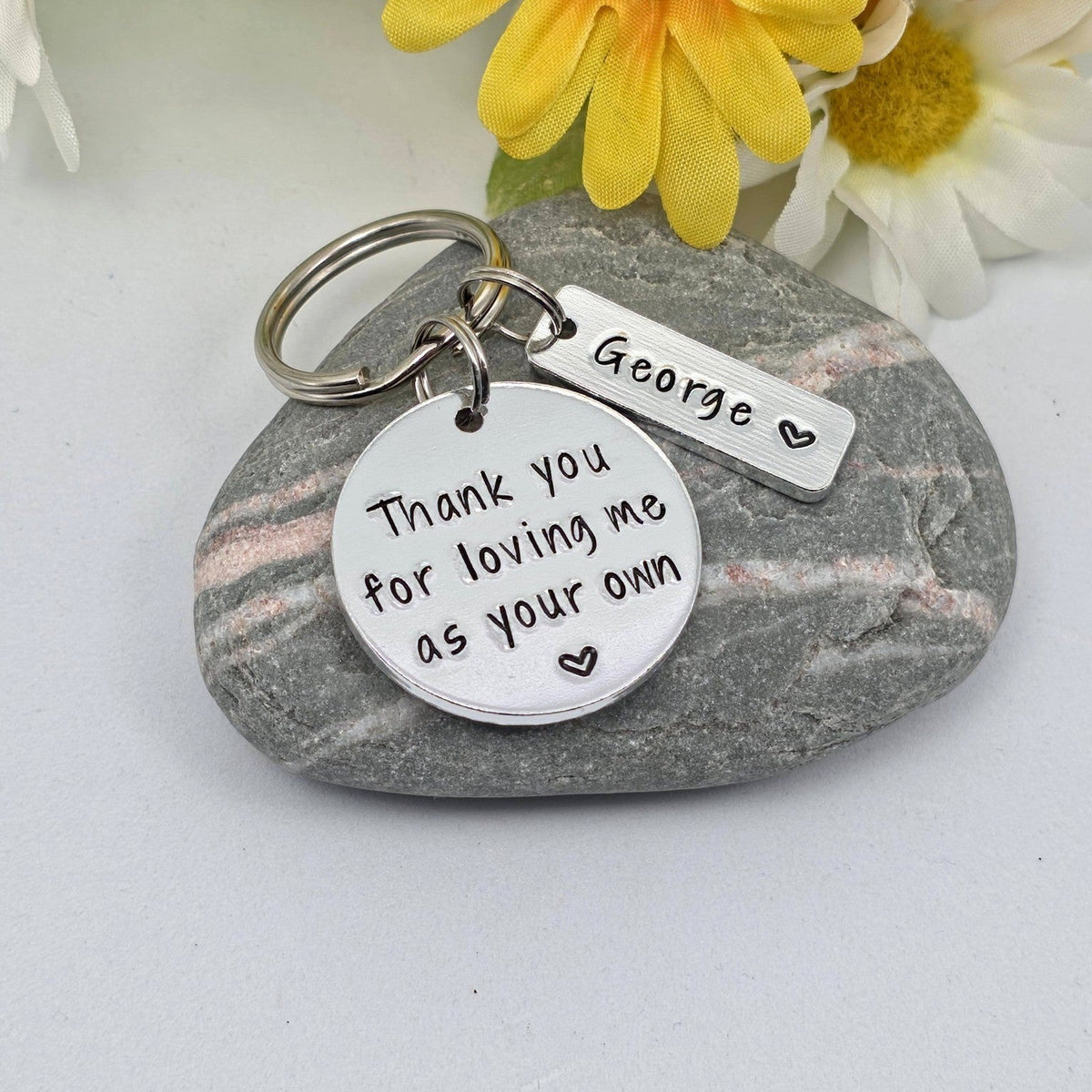 Thank you for loving me as your own hand stamped aluminium keyring with personalised name tag on stone