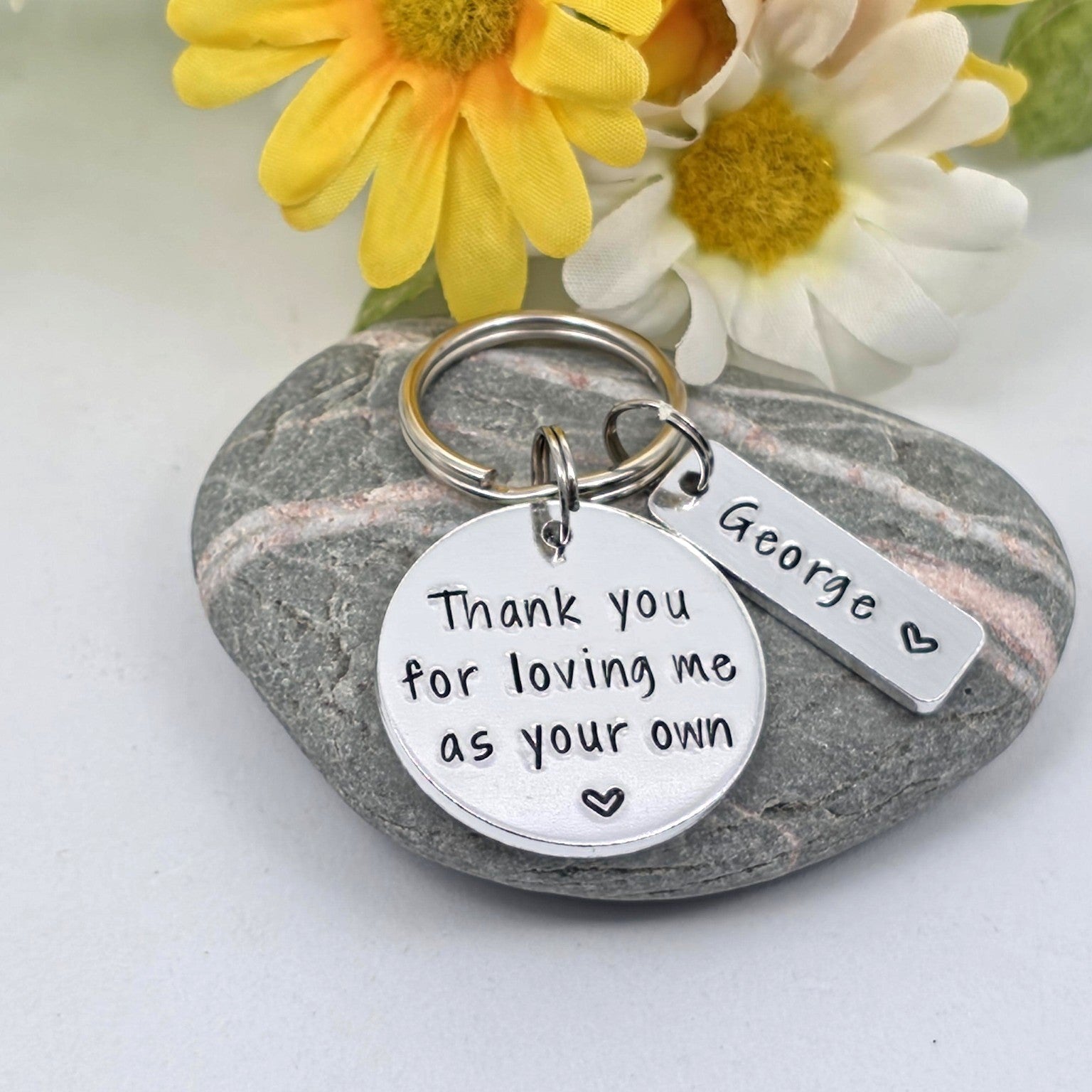 Personalised stepdad keyring stamped thank you for loving me as your own with name tag George