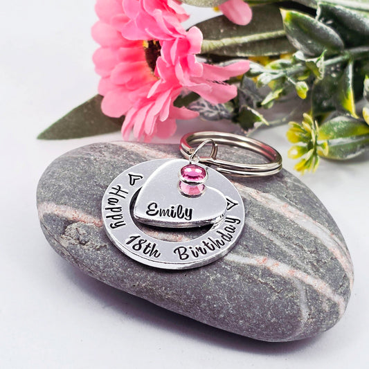 Girls 18th Birthday Gift, Personalised Keyring with Birthstone