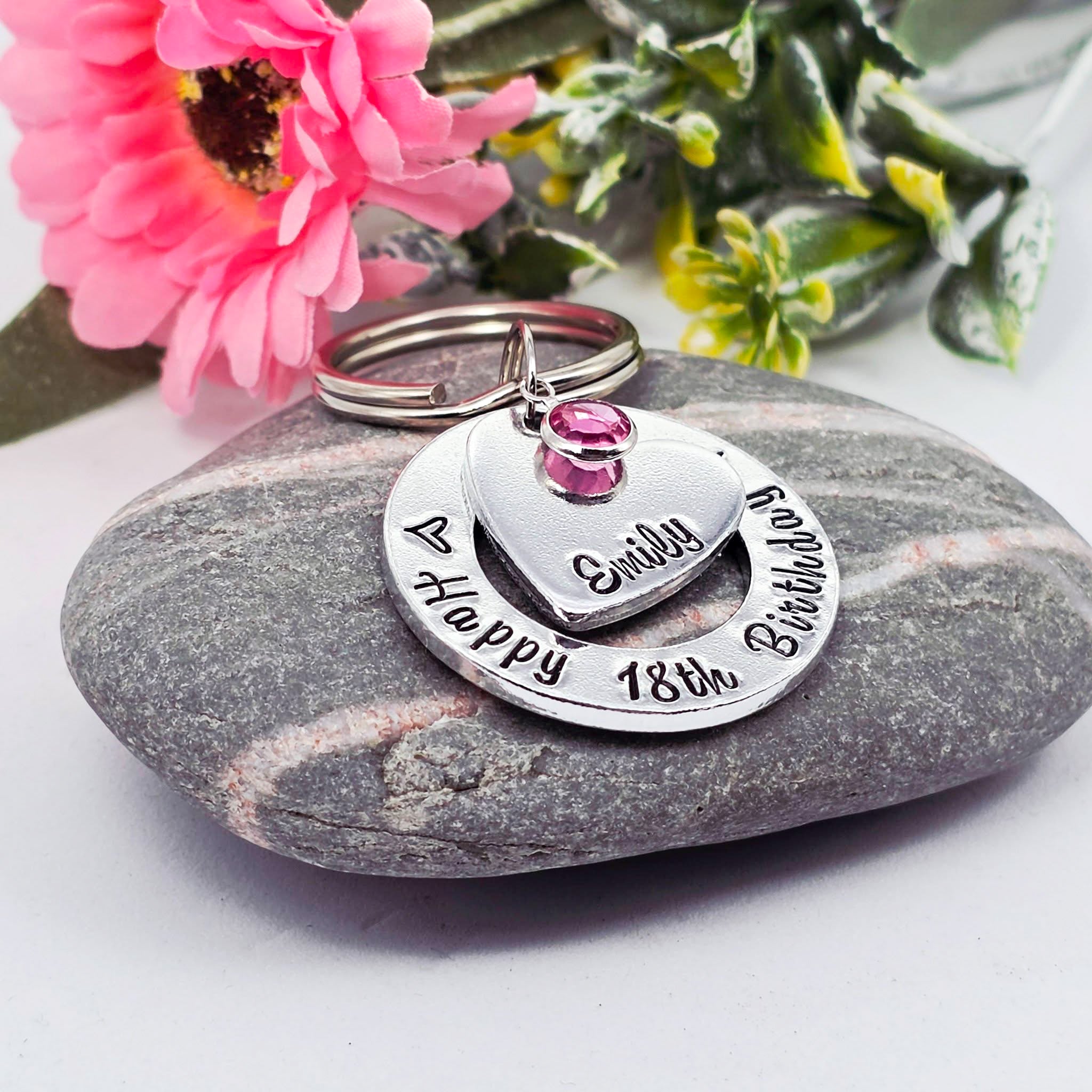 Girls 18th Birthday Gift, Personalised Keyring with Birthstone