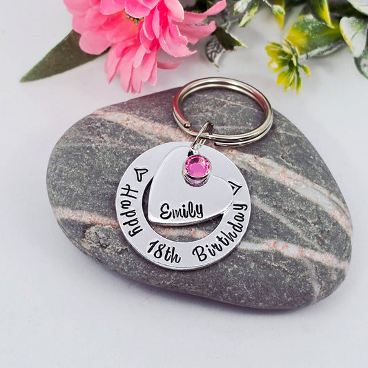 Girls 18th Birthday Gift, Personalised Keyring with Birthstone