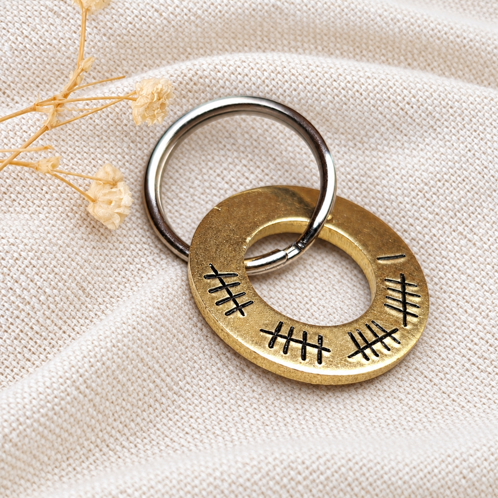 Angled view of a brass 21st anniversary washer keyring with tally marks and a silver-coloured split ring on linen
