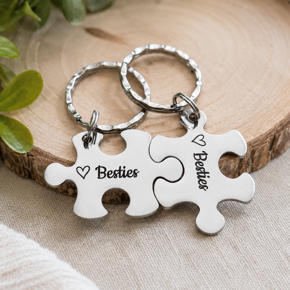 Two interlocking stainless steel Besties puzzle keyrings with outline hearts, displayed on a wood slice

