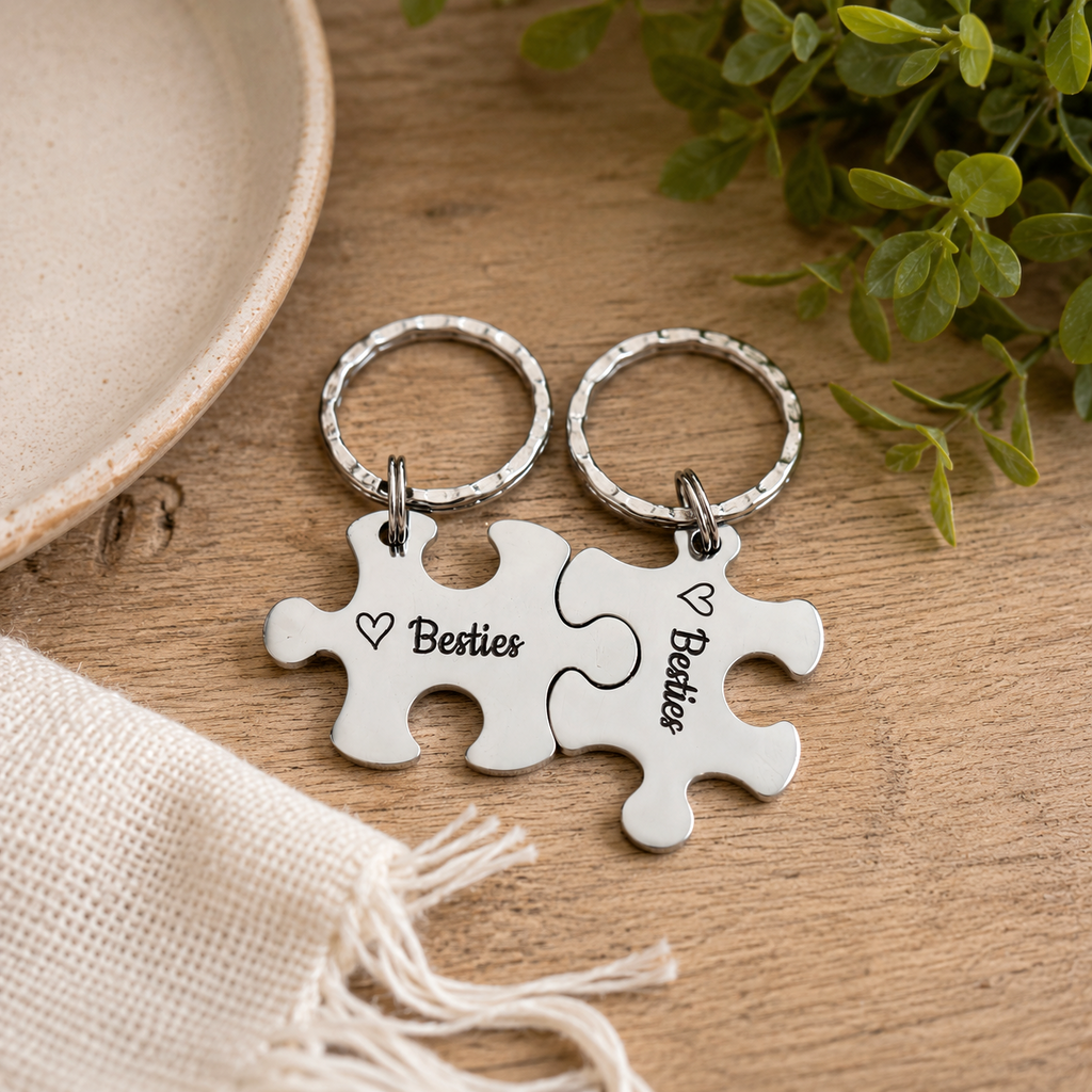 Matching Besties puzzle keyring set with engraved hearts on a wooden surface beside green foliage
