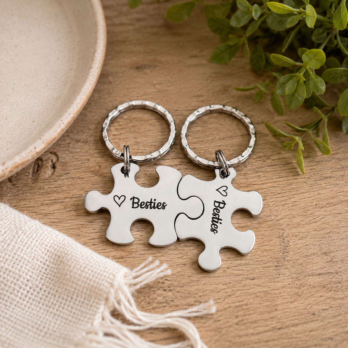 Matching Besties puzzle keyring set with engraved hearts on a wooden surface beside green foliage
