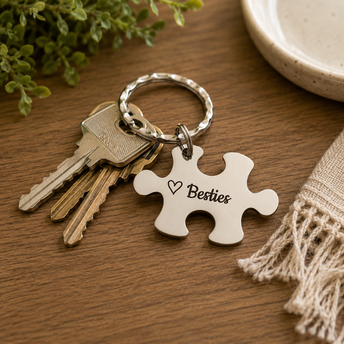 Stainless steel Besties puzzle keyring with an outline heart attached to a set of keys
