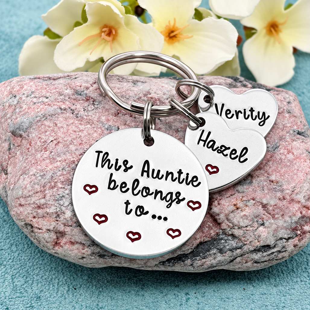 A silver metal keychain with two hand stamped tags resting on a pink stone. One round tag reads 'This Auntie belongs to.