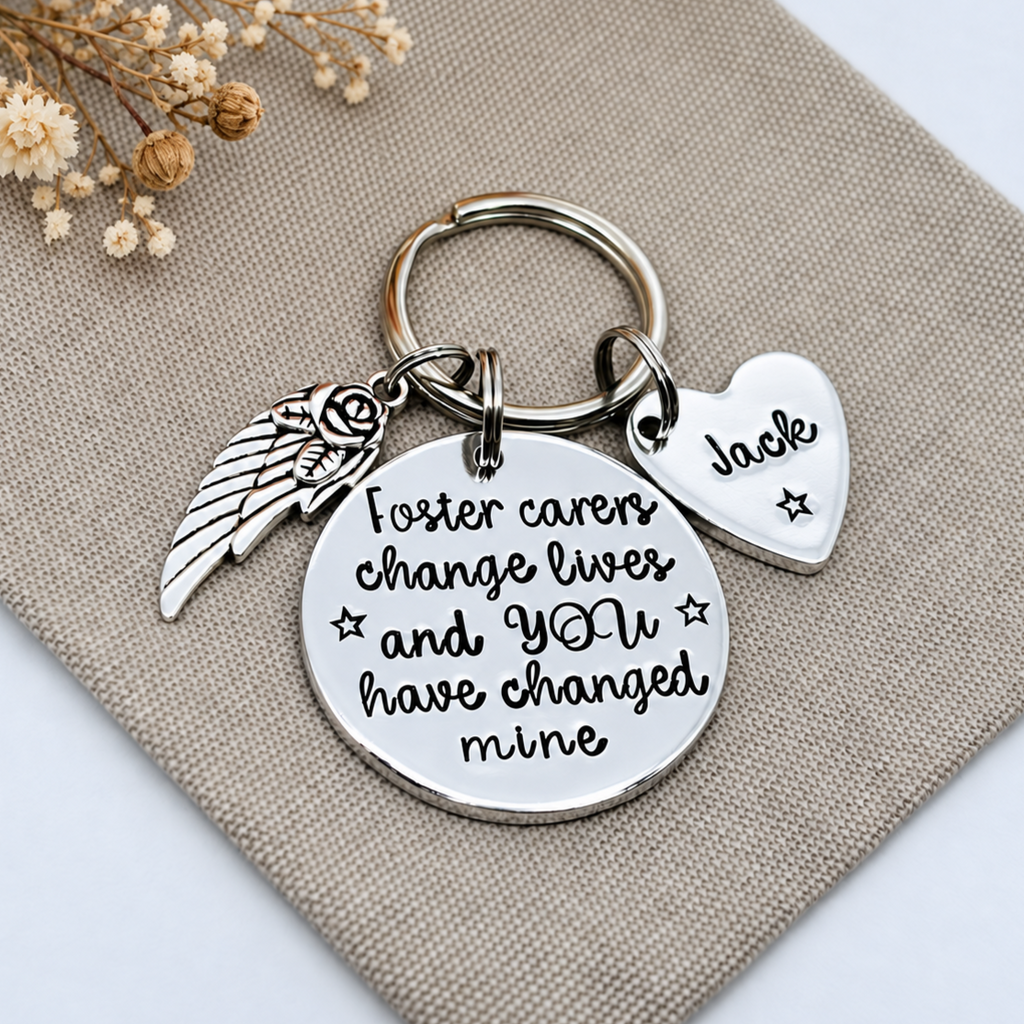 Personalised Foster Carer Thank You Keyring with Heart Name Tags