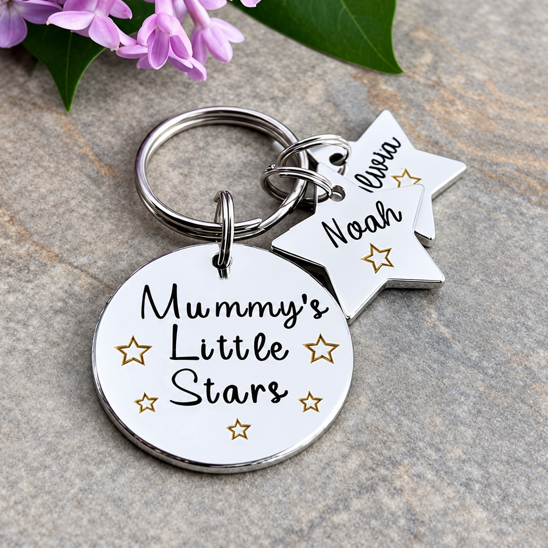 A silver metal keyring with a round hand stamped charm reading 'Mummy's Little Stars' and two small white star-shaped tags engraved with names, shown on a stone surface with purple flowers in the corner.