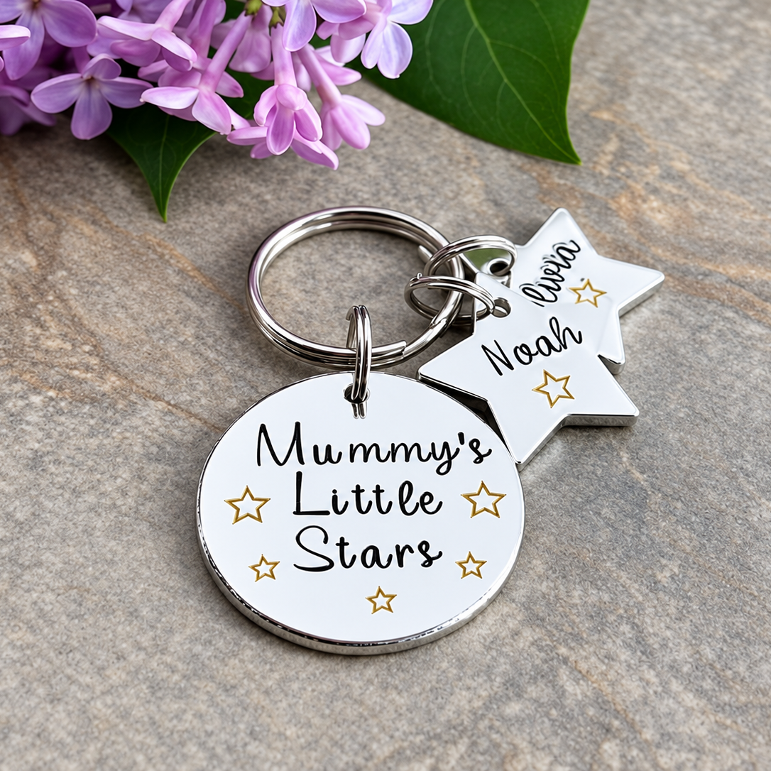 A silver metal keychain with a round hand stamped charm reading 'Mummy's Little Stars' and a star-shaped charm engraved with names, placed on a gray stone surface with purple flowers in the corner.