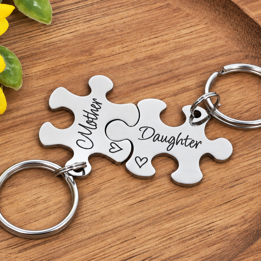 Mother Daughter Engraved Stainless Steel Puzzle Keyring Set