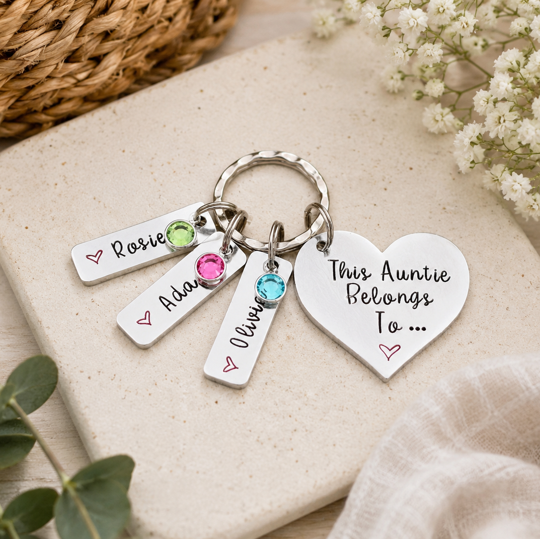 'This Auntie belongs to' Keyring with Birthstones