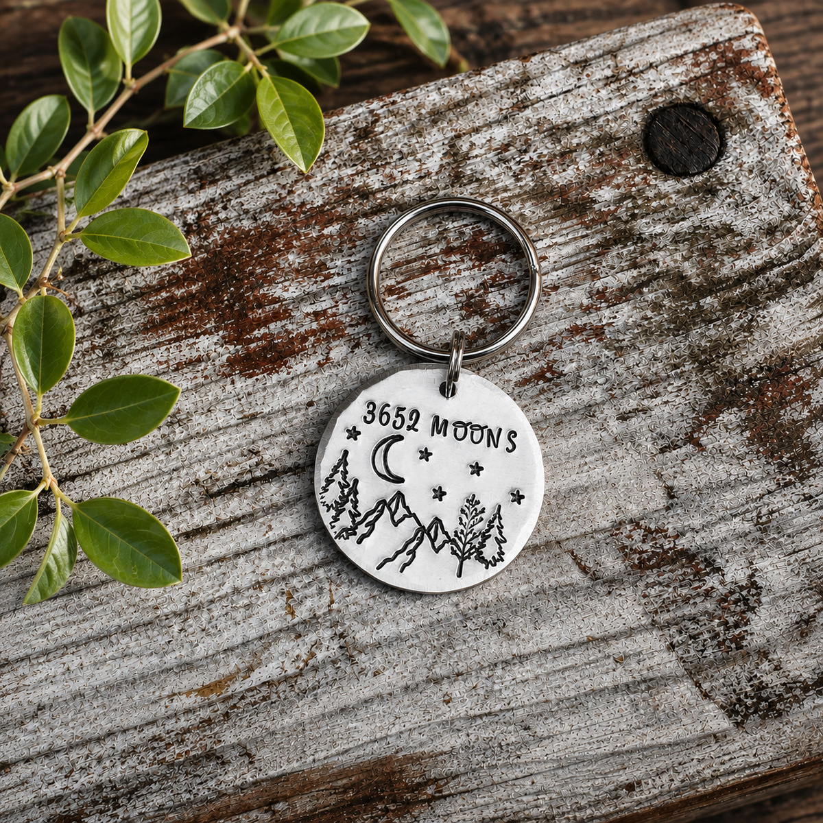 Aluminium 10th anniversary 3652 Moons keyring displayed on rustic wood with green foliage
