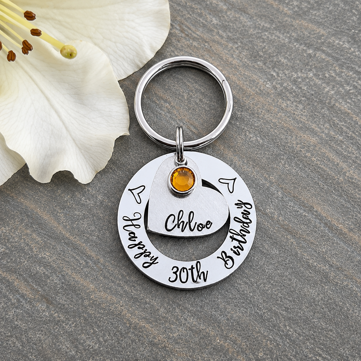 Womens 30th Birthday Gift, Personalised Keyring with Birthstone