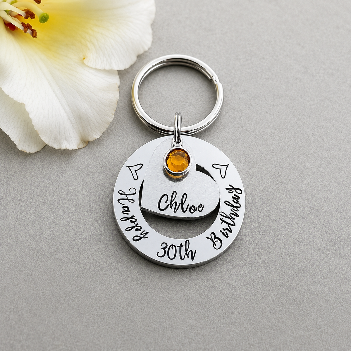 Womens 30th Birthday Gift, Personalised Keyring with Birthstone