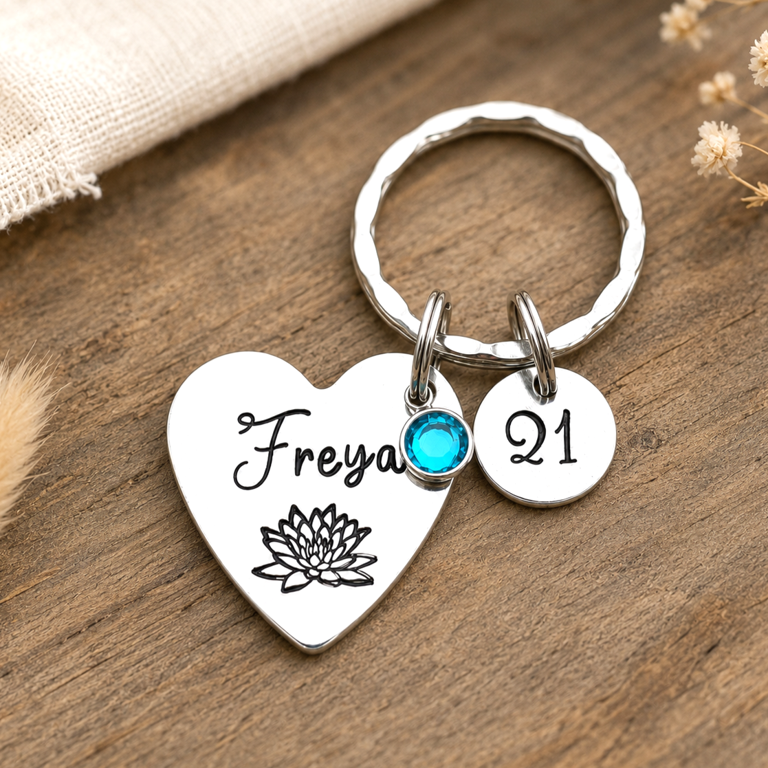 Personalised 21st Birthday Keyring, Birth Flower & Birthstone Gift