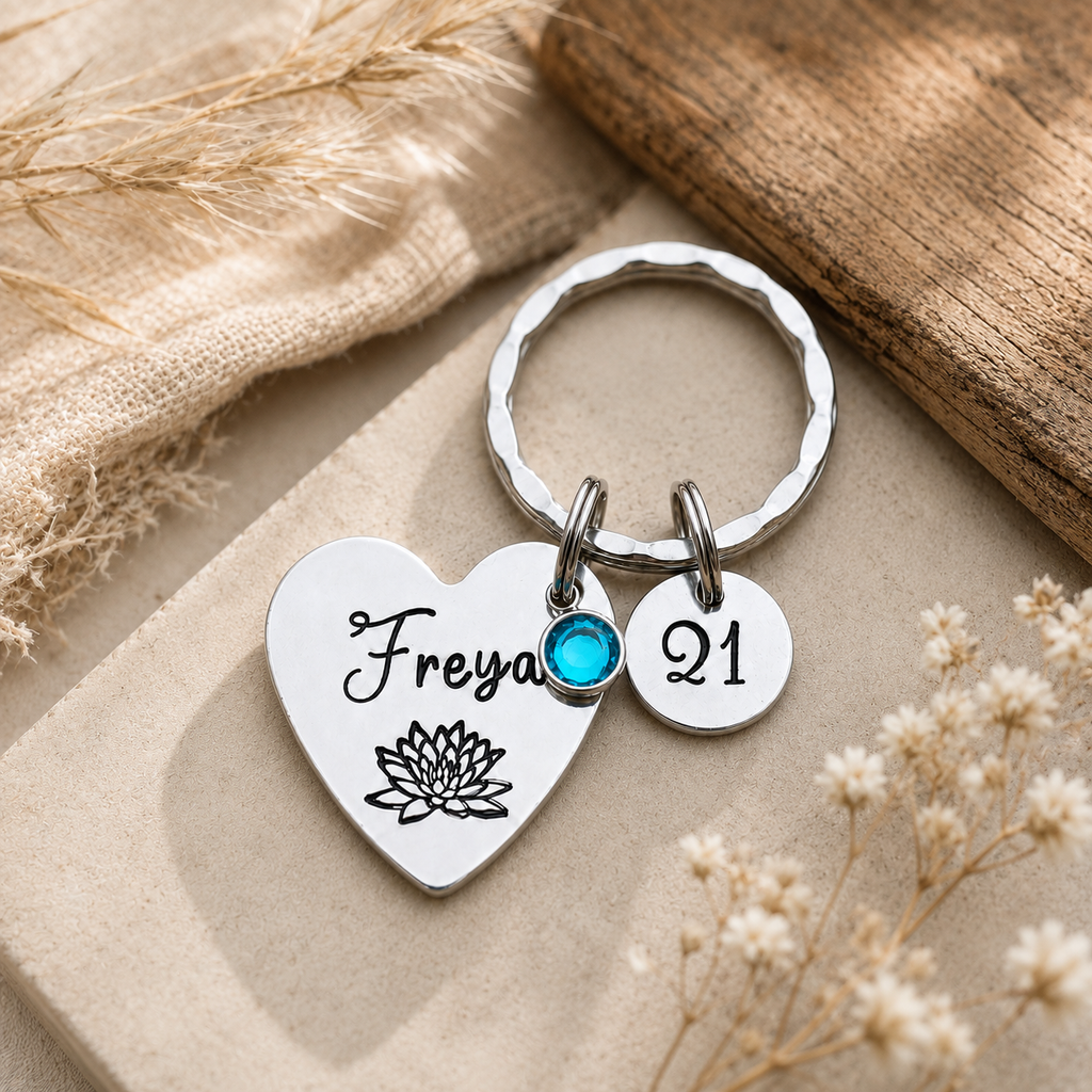 Personalised 21st Birthday Keyring, Birth Flower & Birthstone Gift