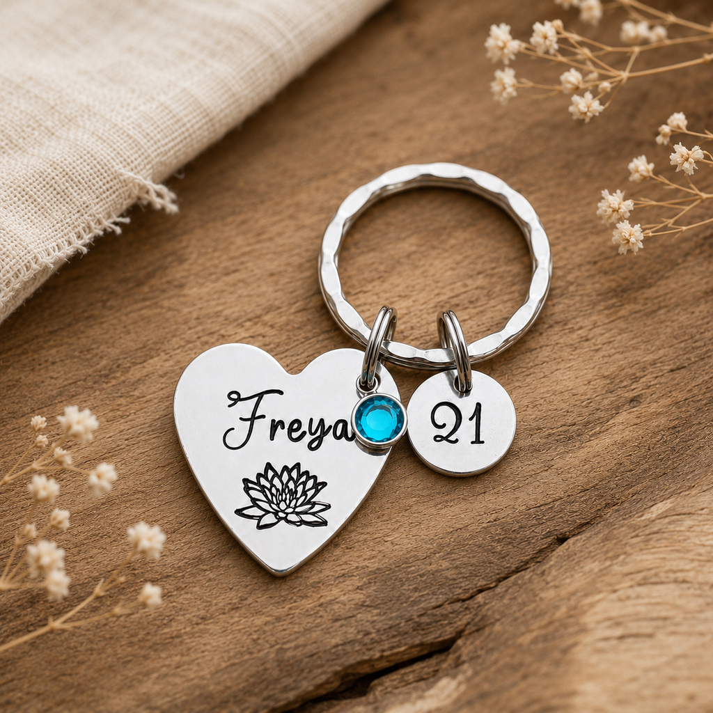 Personalised 21st Birthday Keyring, Birth Flower & Birthstone Gift