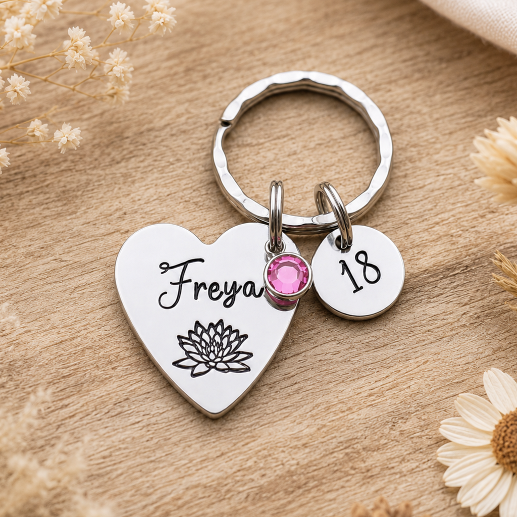 Personalised 18th Birthday Keyring, Birth Flower & Birthstone Gift