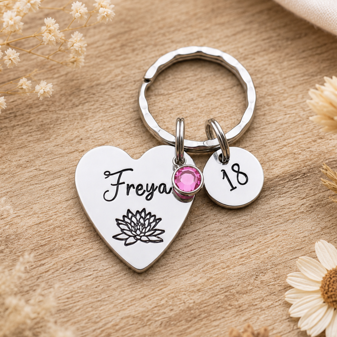 Personalised 18th Birthday Keyring, Birth Flower & Birthstone Gift