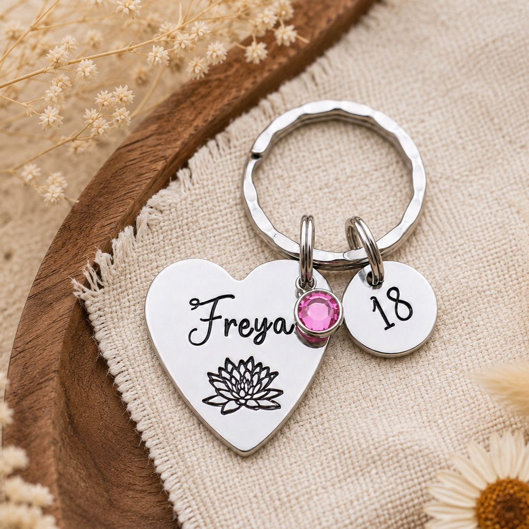 Personalised 18th Birthday Keyring, Birth Flower & Birthstone Gift