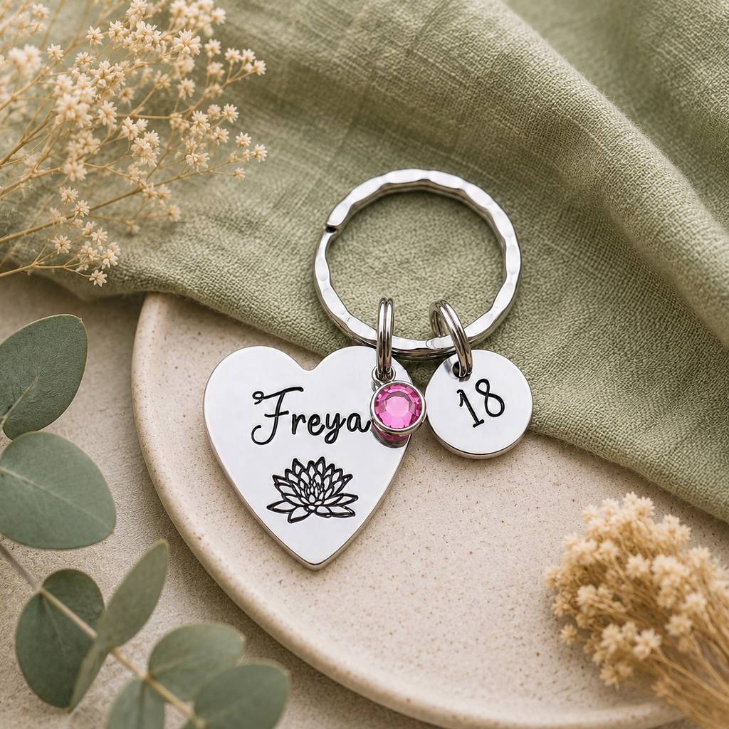 Personalised 18th Birthday Keyring, Birth Flower & Birthstone Gift